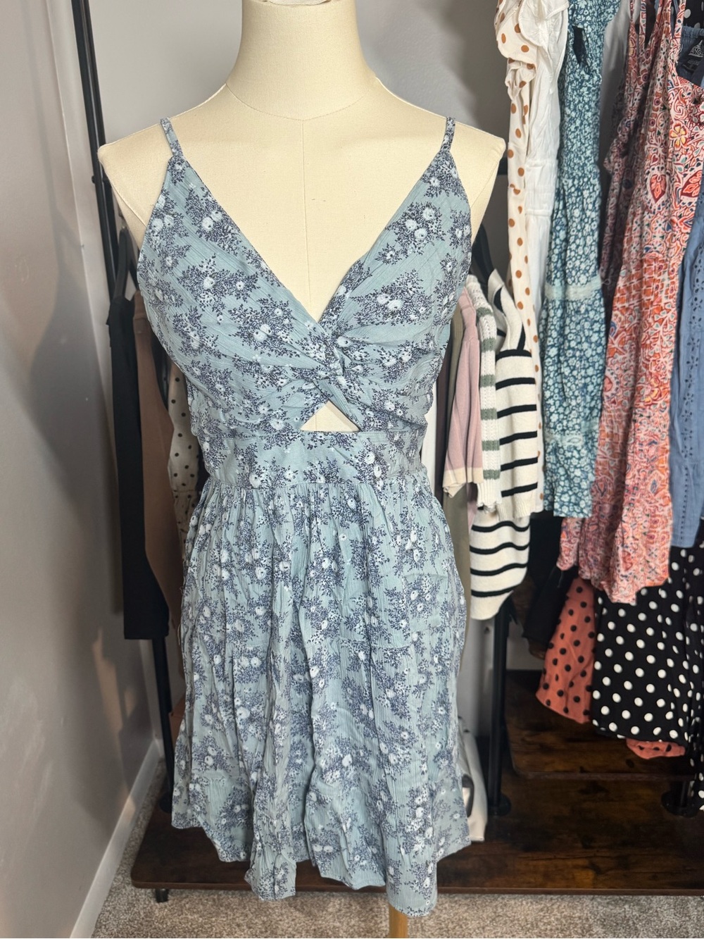 Angie Sky Blue Floral Twist-Front Mini Dress